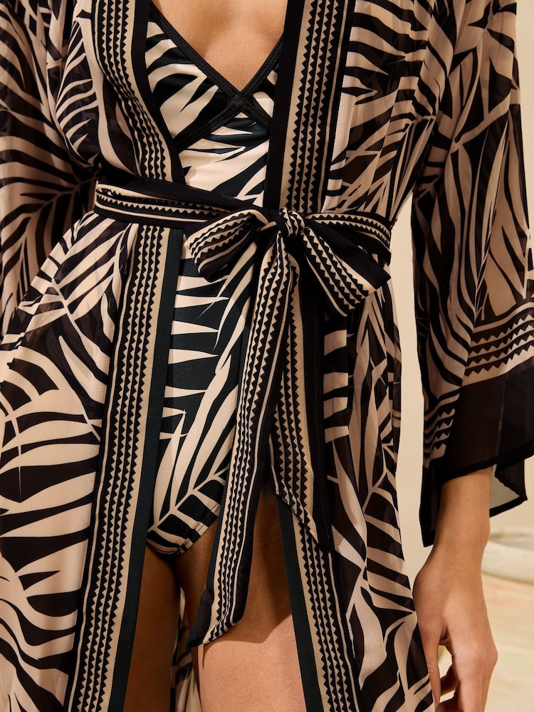Lipsy Black/White Palm Chiffon Printed Tie Kimono - Image 2 of 4 Lipsy Black/White Palm Chiffon Printed Tie Kimono - Image 2 of 4