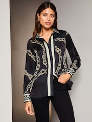 Lipsy Black Chain Print Collared Button Through Shirt - Image 1 of 4
