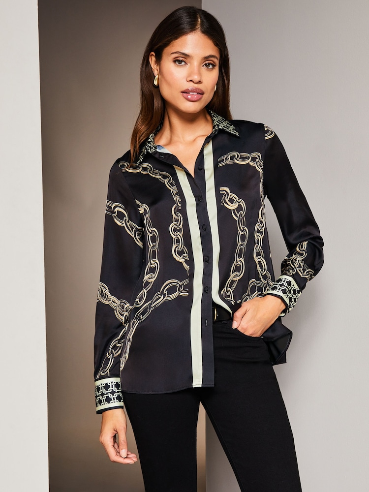 Lipsy Black Chain Print Collared Button Through Shirt - Image 1 of 4