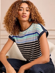 Love & Roses Blue Ombre Stripe Crew Neck Woven Trim Linen Look Jersey T-Shirt - Image 1 of 4