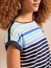 Love & Roses Blue Ombre Stripe Crew Neck Woven Trim Linen Look Jersey T-Shirt - Image 2 of 4