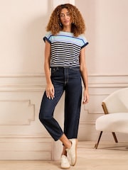 Love & Roses Blue Ombre Stripe Crew Neck Woven Trim Linen Look Jersey T-Shirt - Image 3 of 4