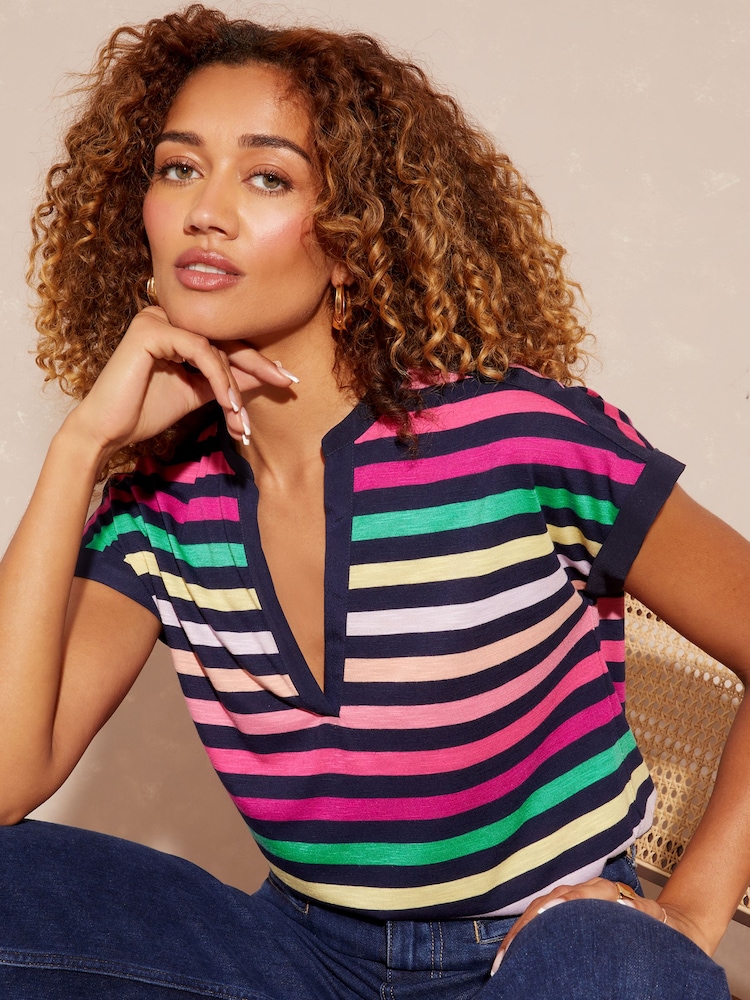 Love & Roses Navy Blue Rainbow Stripe Jersey V Neck Woven Trim Short Sleeve T-Shirt - Image 1 of 4