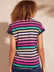 Love & Roses Navy Blue Rainbow Stripe Jersey V Neck Woven Trim Short Sleeve T-Shirt - Image 2 of 4