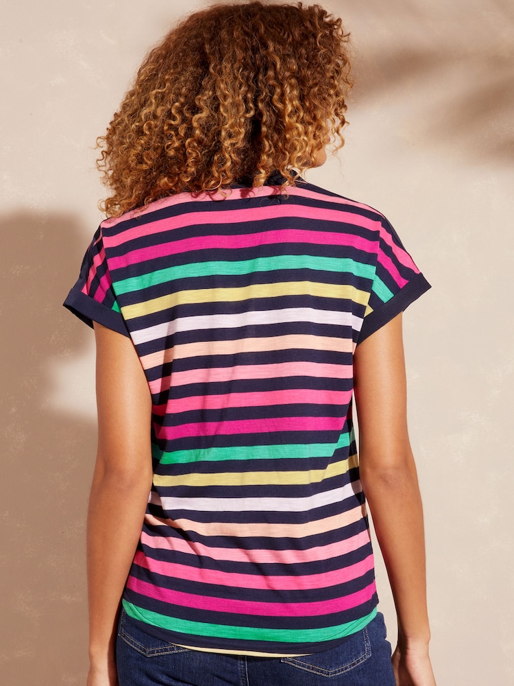 Love & Roses Navy Blue Rainbow Stripe Jersey V Neck Woven Trim Short Sleeve T-Shirt - Image 2 of 4