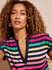 Love & Roses Navy Blue Rainbow Stripe Jersey V Neck Woven Trim Short Sleeve T-Shirt - Image 3 of 4