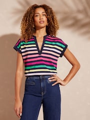 Love & Roses Navy Blue Rainbow Stripe Jersey V Neck Woven Trim Short Sleeve T-Shirt - Image 4 of 4