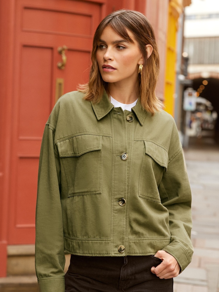 Friends Like These Khaki Green Petite Cropped Utility Jacket - Image 1 of 1 Friends Like These Khaki Green Petite Cropped Utility Jacket - Image 1 of 1