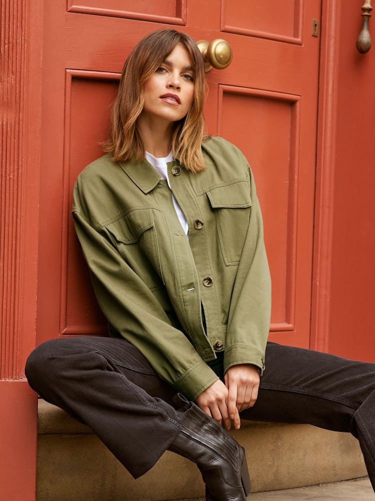 Friends Like These Khaki Green Petite Cropped Utility Jacket - Image 2 of 4 Friends Like These Khaki Green Petite Cropped Utility Jacket - Image 2 of 4
