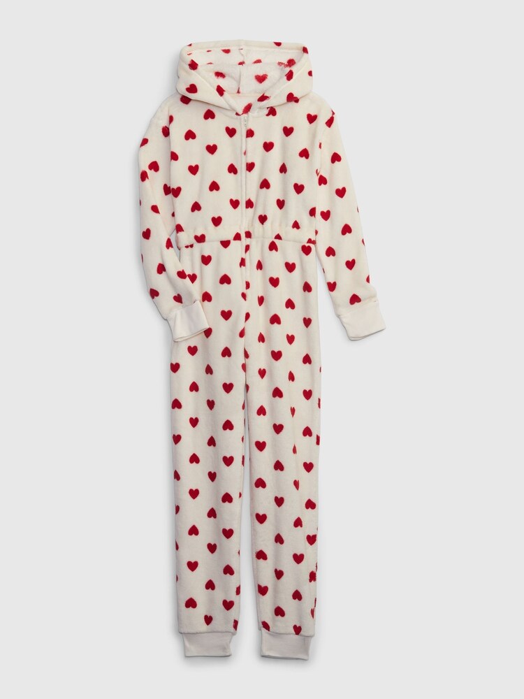 Gap White and Red Fleece Heart Print Hooded Sleepsuit (6-13yrs) - Image 1 of 1