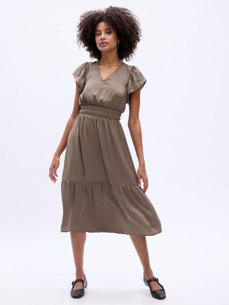Gap Brown Satin Flutter Sleeve Midi Dress - Image 1 of 4