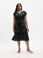Gap Black Smocked Print Flutter Sleeve Midi Dress - Image 1 of 5