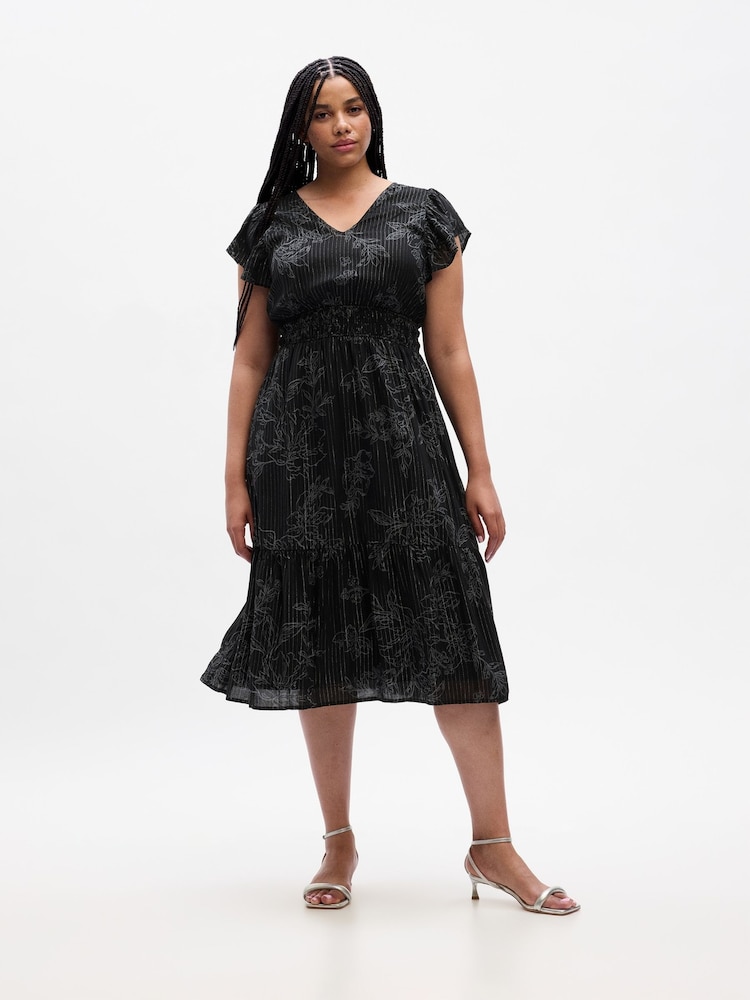 Gap Black Smocked Print Flutter Sleeve Midi Dress - Image 1 of 5