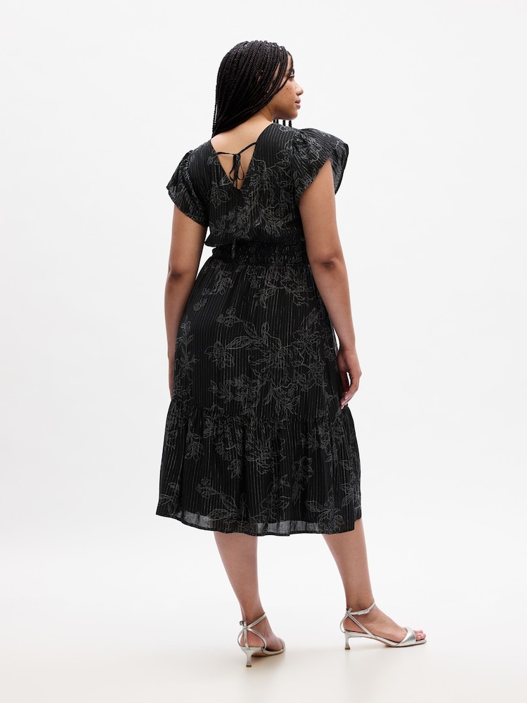Gap Black Smocked Print Flutter Sleeve Midi Dress - Image 2 of 5