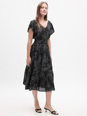 Gap Black Smocked Print Flutter Sleeve Midi Dress - Image 3 of 5