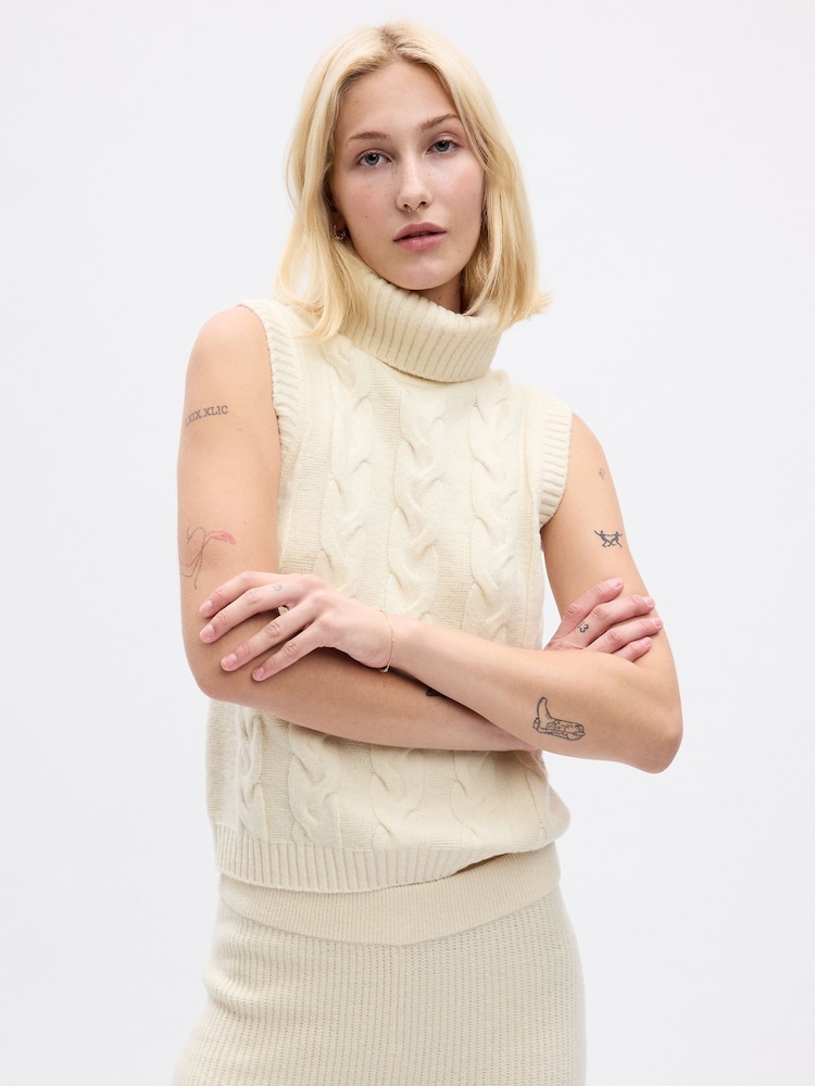Gap Cream Cable Knit Turtle Neck Sleeveless Jumper - Image 1 of 2