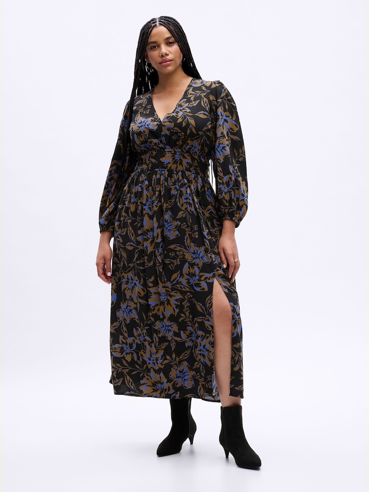Gap Black Floral Smocked V Neck Maxi Dress - Image 1 of 5