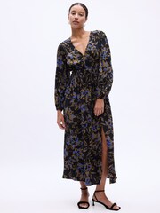Gap Black Floral Smocked V Neck Maxi Dress - Image 3 of 5