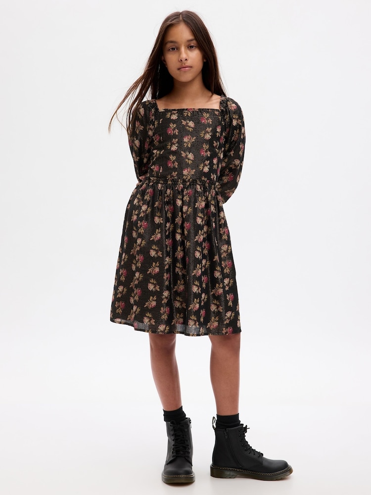 Gap Black Floral Smocked Floral Print Dress (4-13yrs) - Image 1 of 4 Gap Black Floral Smocked Floral Print Dress (4-13yrs) - Image 1 of 4