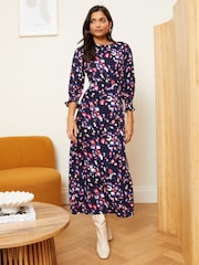 Marineblau/Animal - Love & Roses Empire-Midikleid mit Rundhalsausschnitt und Puffärmeln - Bild 1 von 4