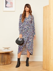 Love & Roses Purple Print Petite Wrap Long Sleeve Jersey Midi Dress - Image 1 of 4
