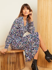 Love & Roses Purple Print Petite Wrap Long Sleeve Jersey Midi Dress - Image 4 of 4
