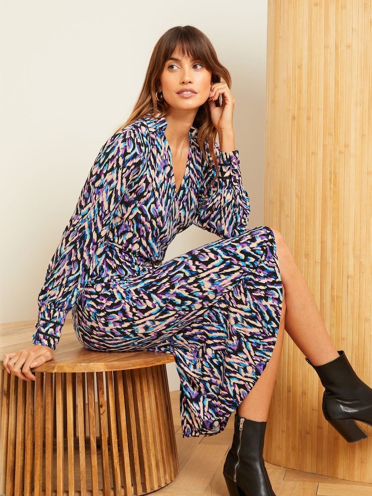Love & Roses Purple Print Petite Wrap Long Sleeve Jersey Midi Dress - Image 4 of 4