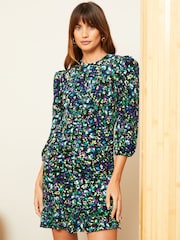 Love & Roses Black Ditsy Jersey Ruched Front Mini Dress - Image 1 of 4