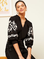 Love & Roses Black V Neck Embroidered Sleeve Jersey Top - Image 1 of 4