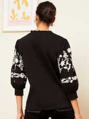 Love & Roses Black V Neck Embroidered Sleeve Jersey Top - Image 2 of 4
