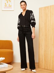 Love & Roses Black V Neck Embroidered Sleeve Jersey Top - Image 3 of 4