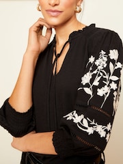 Love & Roses Black V Neck Embroidered Sleeve Jersey Top - Image 4 of 4