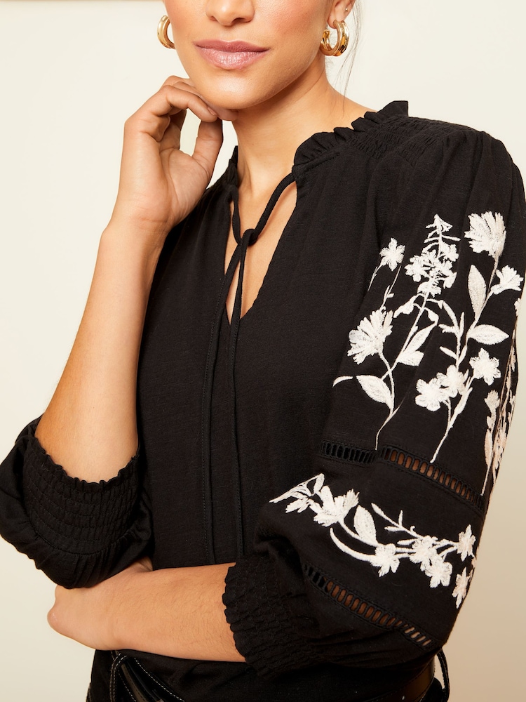 Love & Roses Black V Neck Embroidered Sleeve Jersey Top - Image 4 of 4