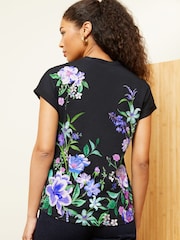 Love & Roses Black Floral Jersey V Neck Woven Trim Short Sleeve T-Shirt - Image 3 of 4