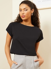 Love & Roses Black Crew Neck Woven Trim Linen Look Jersey T-Shirt - Image 1 of 1