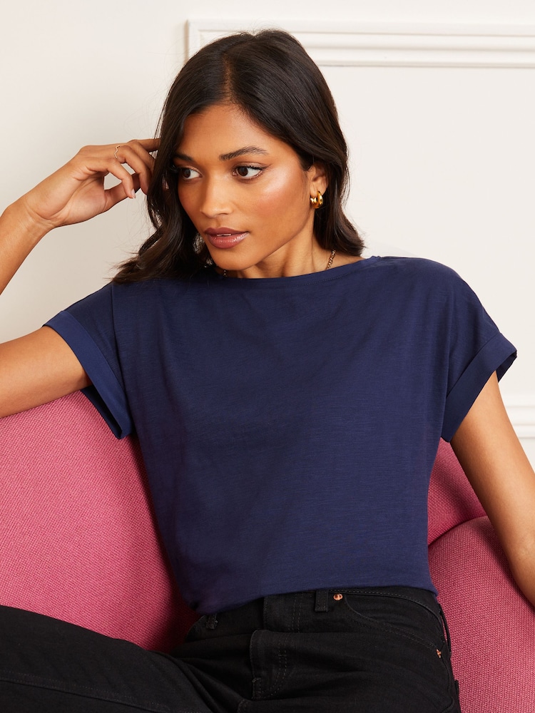 Love & Roses Navy Blue Crew Neck Woven Trim Linen Look Jersey T-Shirt - Image 1 of 4 Love & Roses Navy Blue Crew Neck Woven Trim Linen Look Jersey T-Shirt - Image 1 of 4