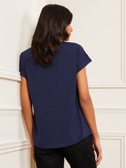 Love & Roses Navy Blue Crew Neck Woven Trim Linen Look Jersey T-Shirt - Image 3 of 4