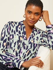 Love & Roses Grey Animal V Neck Utility Button Through Shirt - Image 1 of 4