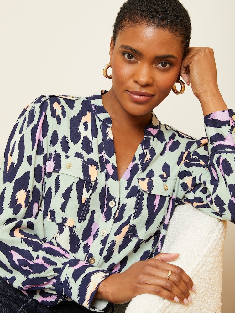 Love & Roses Grey Animal V Neck Utility Button Through Shirt - Image 1 of 4