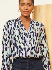 Love & Roses Grey Animal V Neck Utility Button Through Shirt - Image 2 of 4