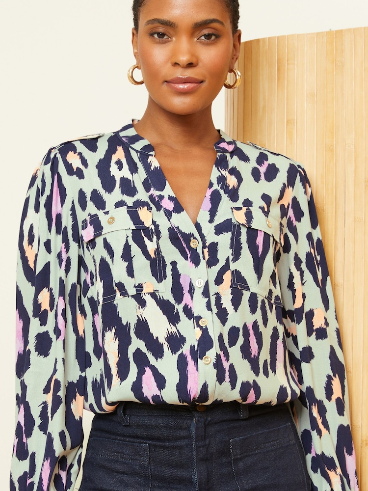 Love & Roses Grey Animal V Neck Utility Button Through Shirt - Image 2 of 4