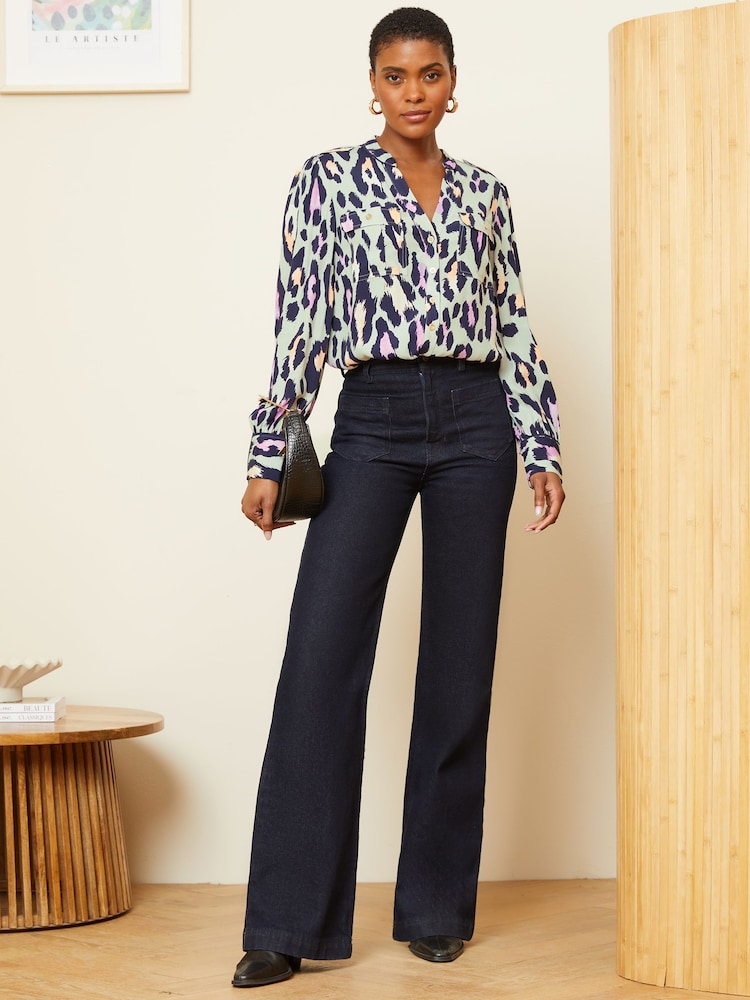 Love & Roses Grey Animal V Neck Utility Button Through Shirt - Image 4 of 4