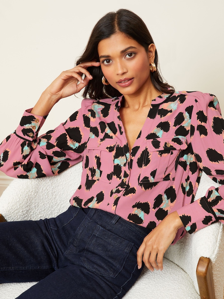 Love & Roses Pink Animal V Neck Utility Button Through Shirt - Image 1 of 4