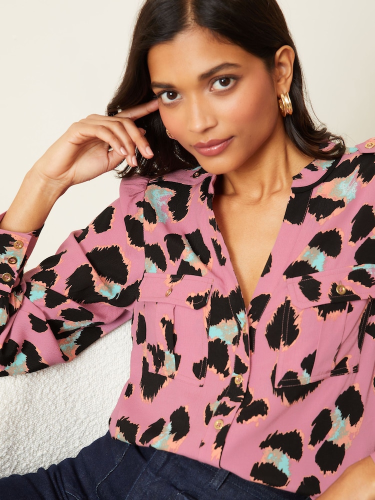 Love & Roses Pink Animal V Neck Utility Button Through Shirt - Image 2 of 4