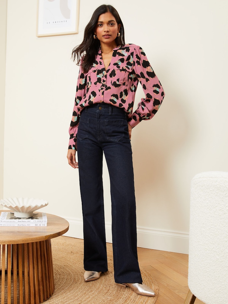 Love & Roses Pink Animal V Neck Utility Button Through Shirt - Image 4 of 4