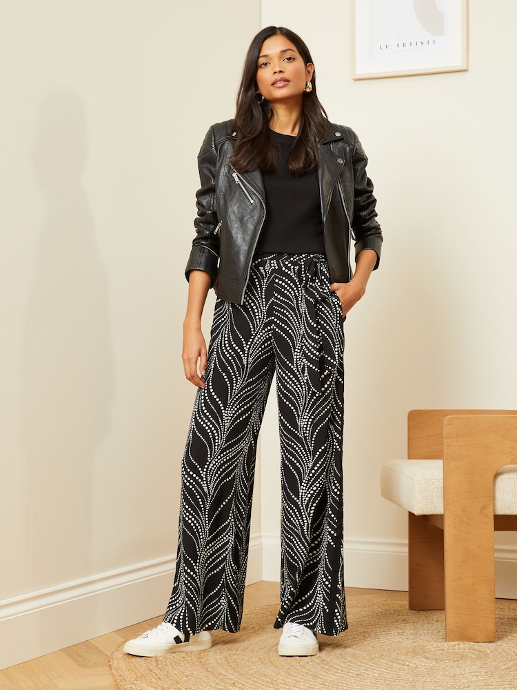 Love & Roses Black and White Polka Dot Petite Printed Belted Wide Leg Trousers - Image 2 of 4 Love & Roses Black and White Polka Dot Petite Printed Belted Wide Leg Trousers - Image 2 of 4
