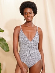 Love & Roses Black/White Geo Wrap Front Print Tummy Control Swimsuit - Image 1 of 4