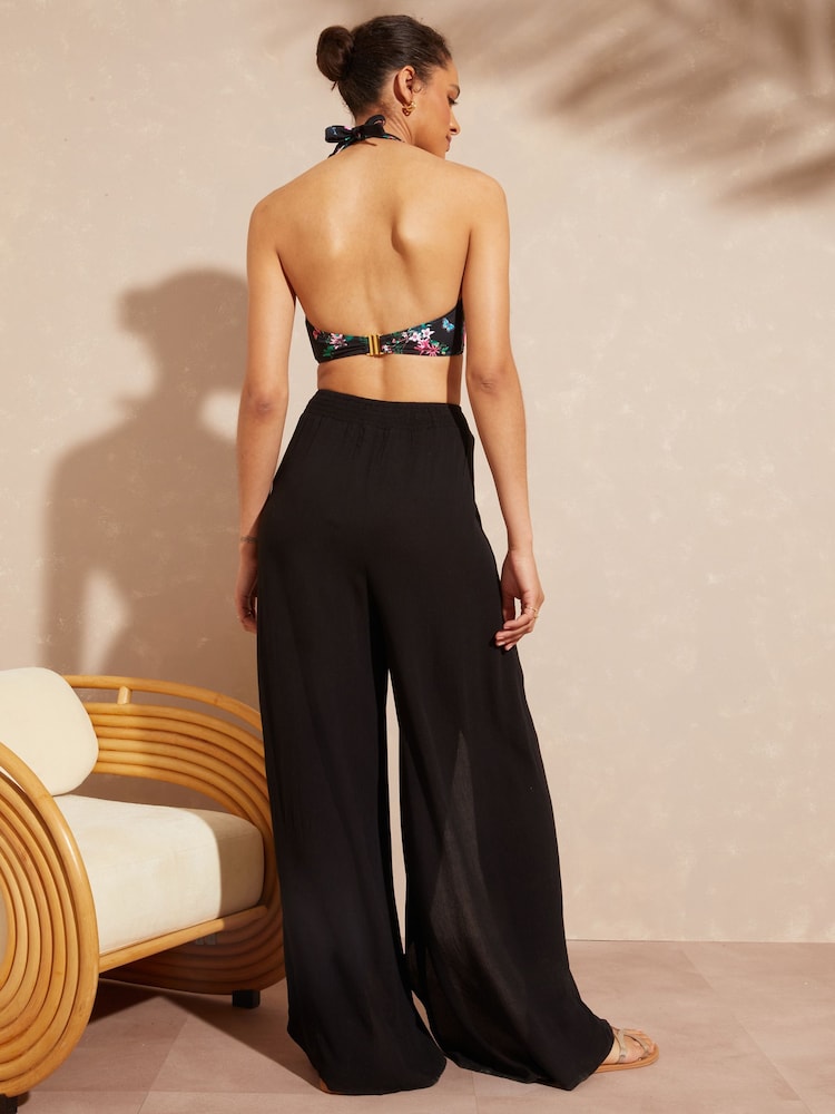 Love & Roses Black Petite Split Detail Beach Tie Front Trousers - Image 2 of 4