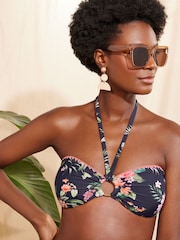 Love & Roses Navy Blue Tropical Floral Halter Bikini Top - Image 3 of 5