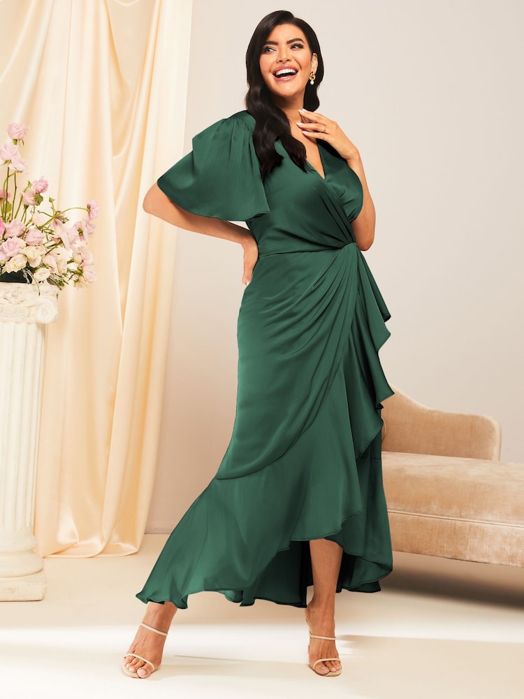 Lipsy Green Curve Flutter Sleeve Wrap Front Bridesmaid Maxi Dress - Image 1 of 4